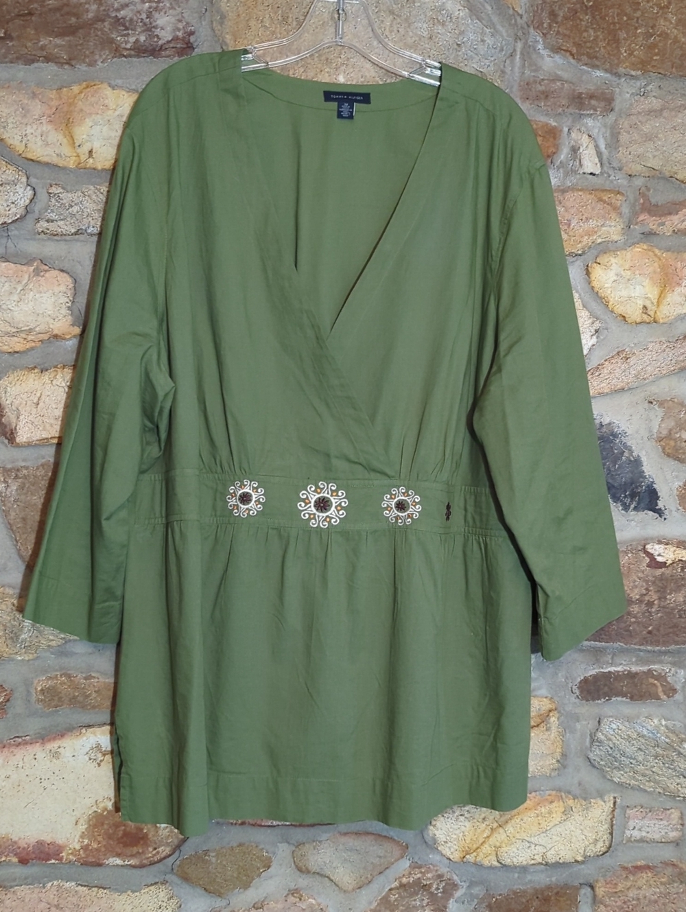 Tommy Hilfiger 100% Cotton Olive Green Embroidered Wrap-Front Tunic